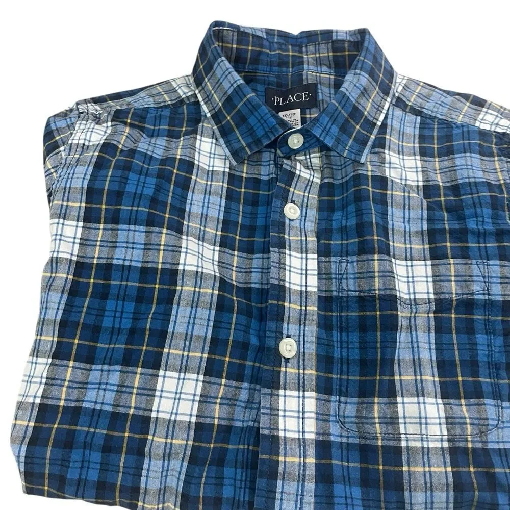 The children’s place Blue Plaid and Navy Patterned Shirts like new size 10-12